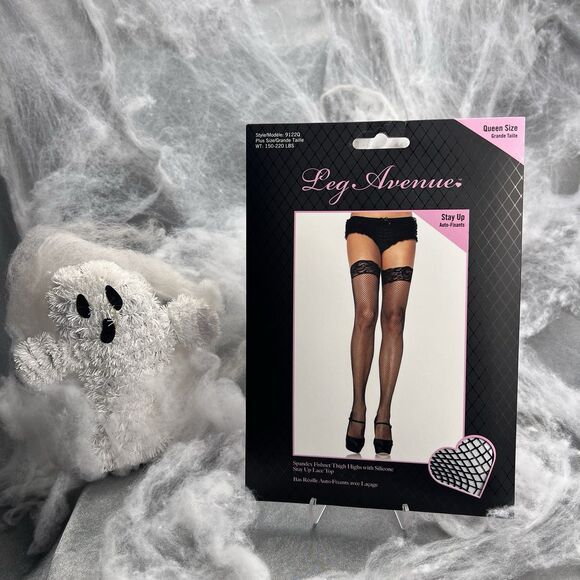 Leg Avenue Queen Size Black Fishnets Style 9122Q Halloween Costume Silicone Lace - Picture 2 of 11